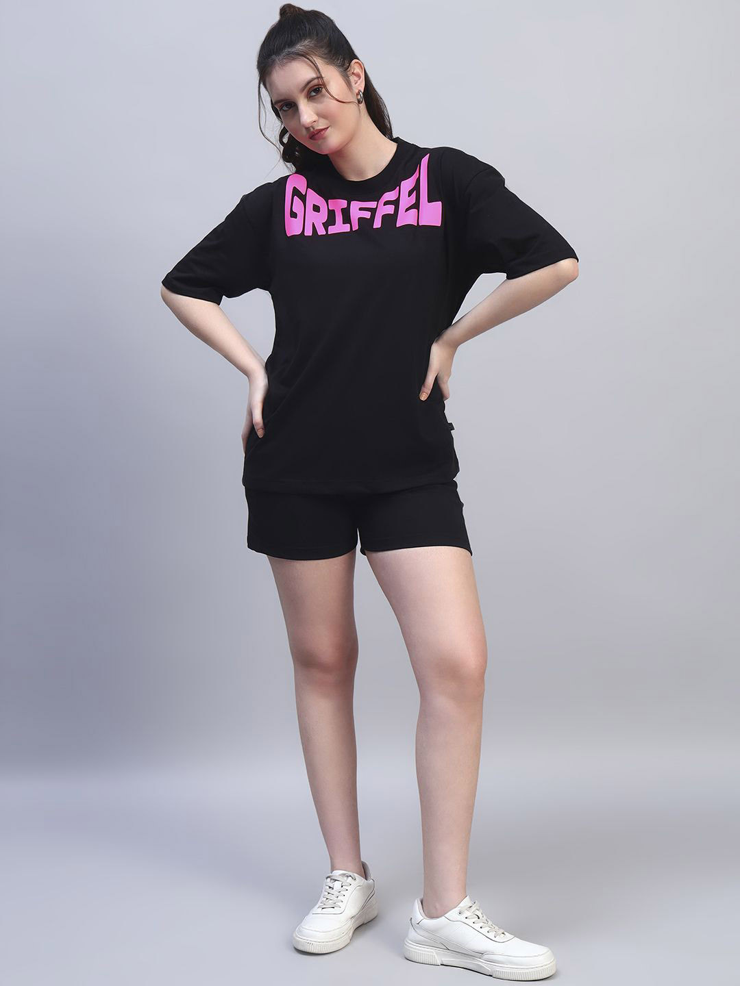 GRIFFEL Oversized Logo Prined Pure Cotton T-Shirts With Shorts Co-Ords