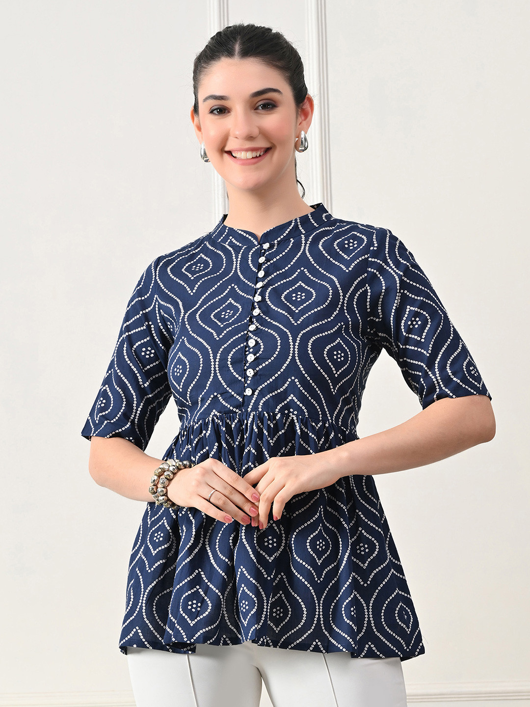 DECKEDUP Women Bandhej Button Down Cotton Top