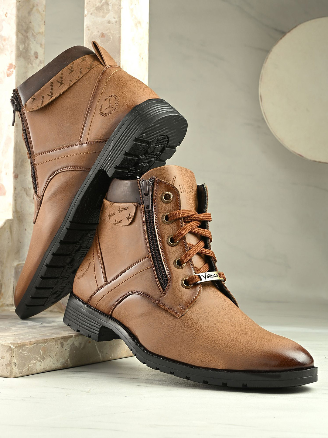 Vellinto Men Mid-Top Leather Lace-Up & Zipper Boots