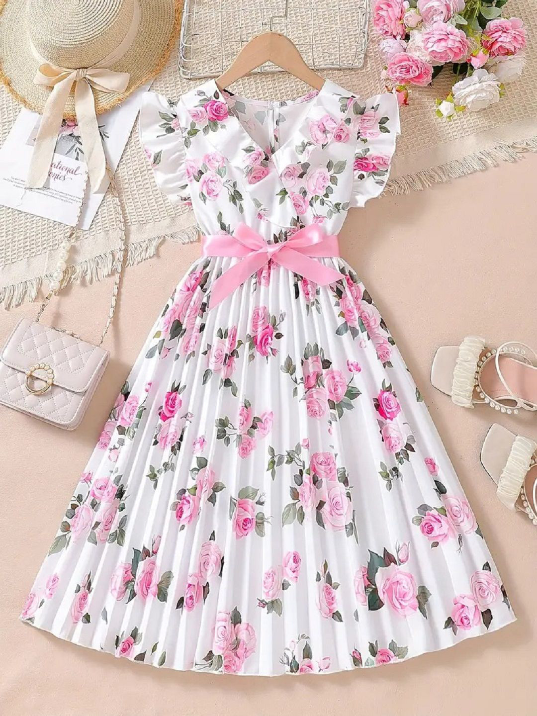 White World Girl's Floral Printed V-Neck Gathered or Pleated Fit & Flare Dress