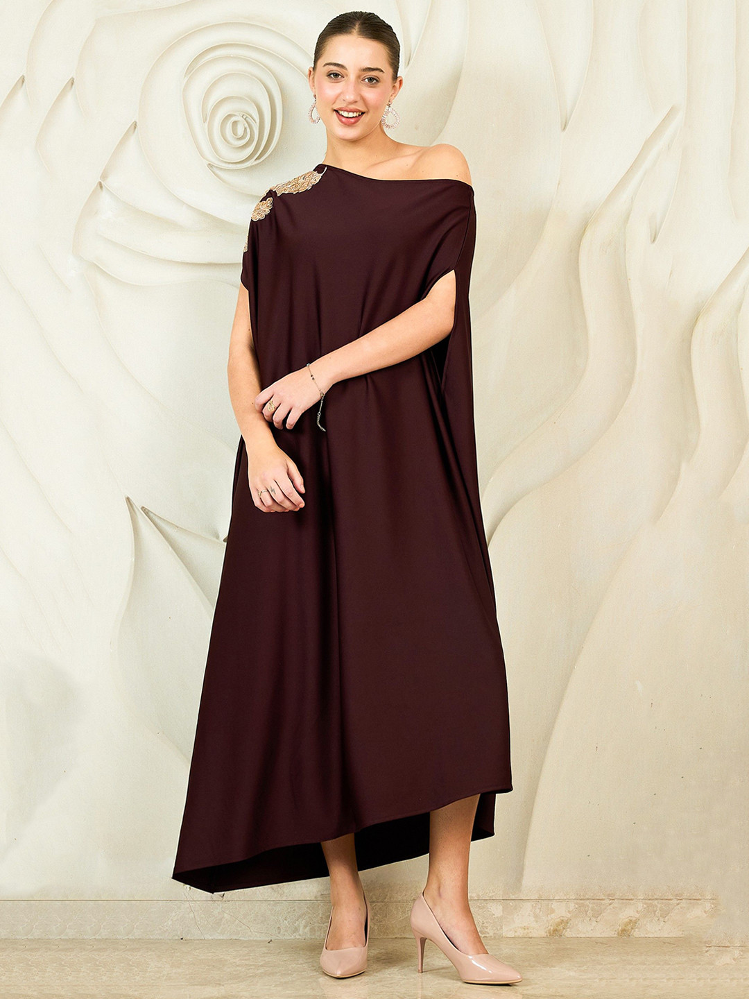 Shally Bhasin by Athena Embroidered One Shoulder Kaftan Maxi Dress