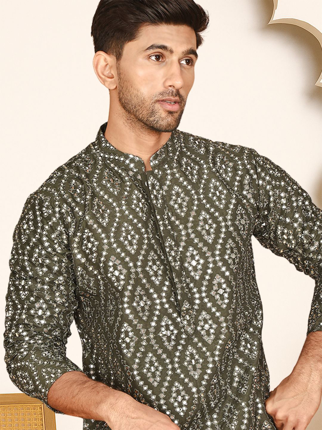 Jompers Men Traditional Mirror Embroidered Kurta