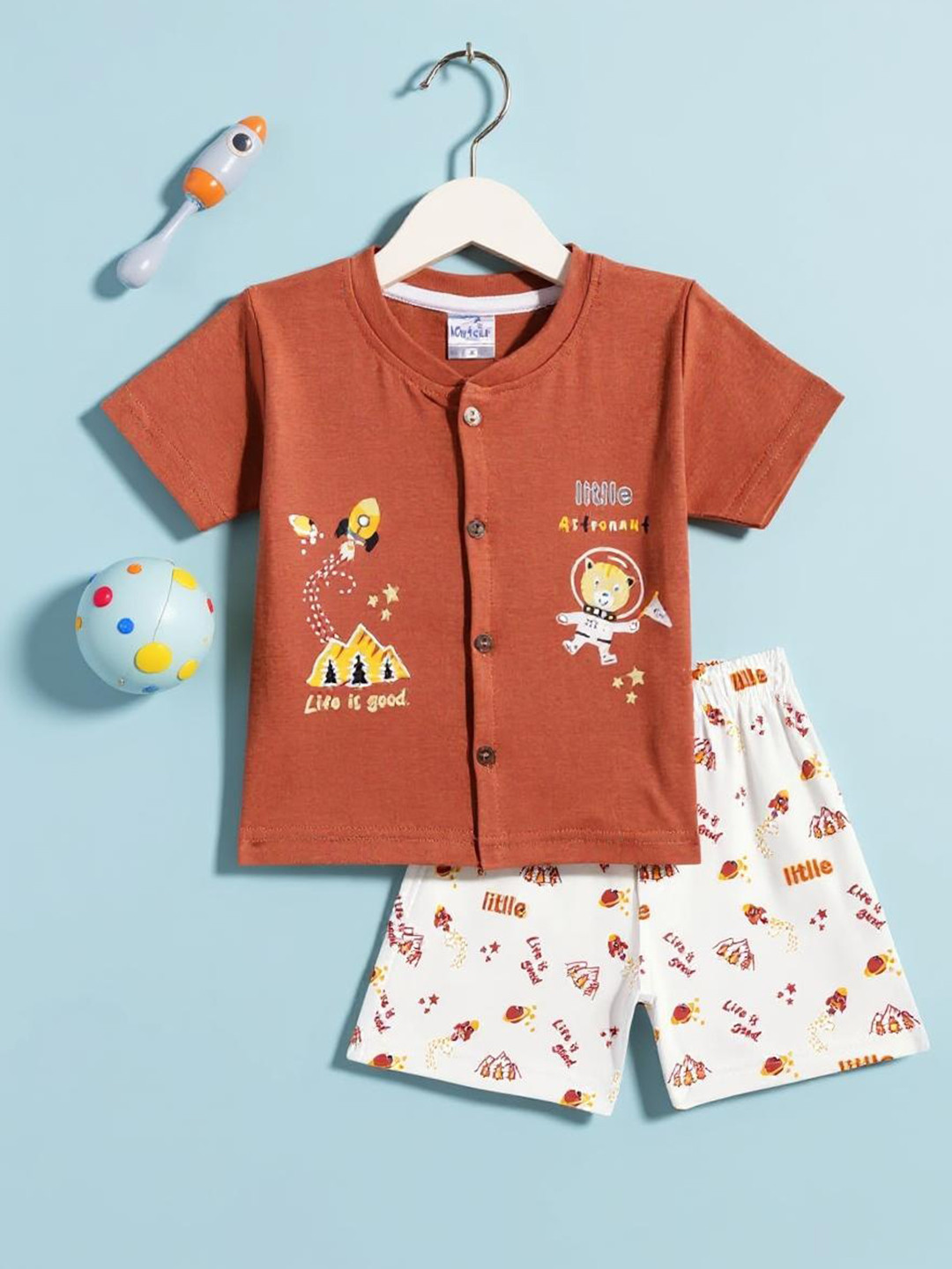 Kidszi Infants Boys Printed Pure Cotton Shirt with Shorts