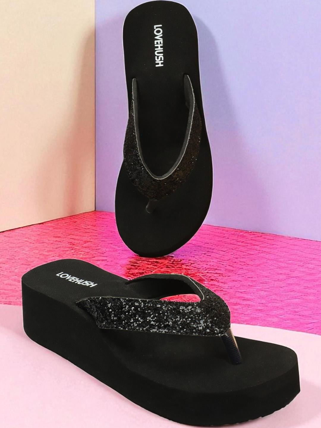 LOVEHUSH Black Solid Wedge Sandals