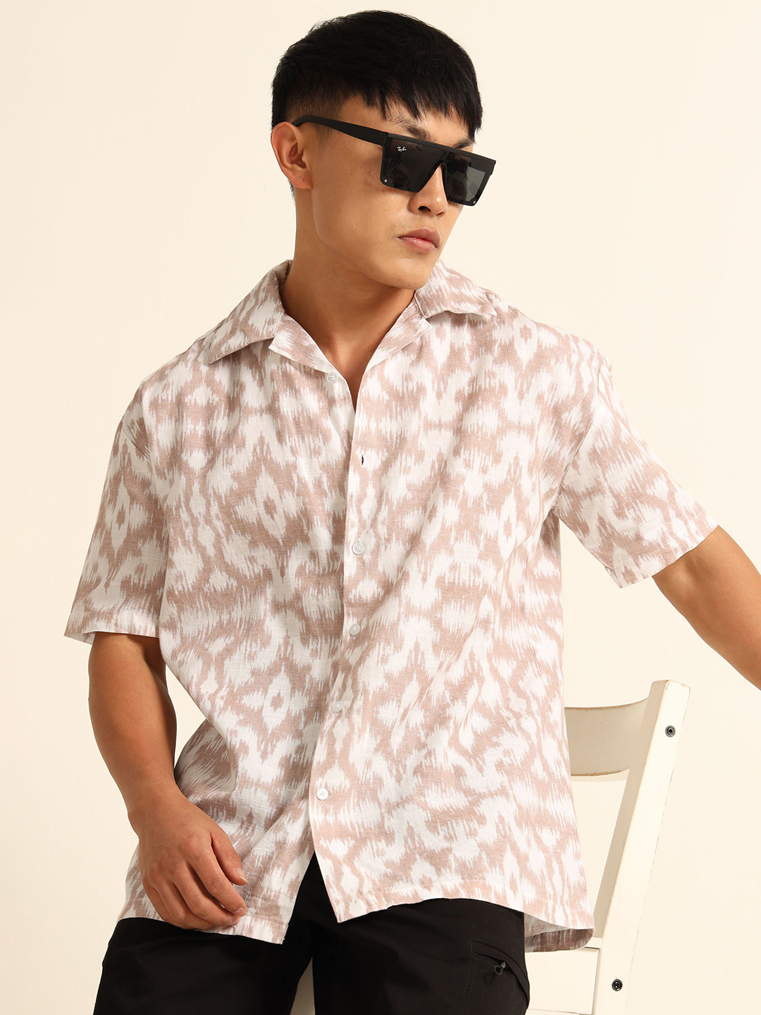 THE BEETEL HOUSE Abstract Printed Cuban Collar Pure Cotton Oversized Shirt