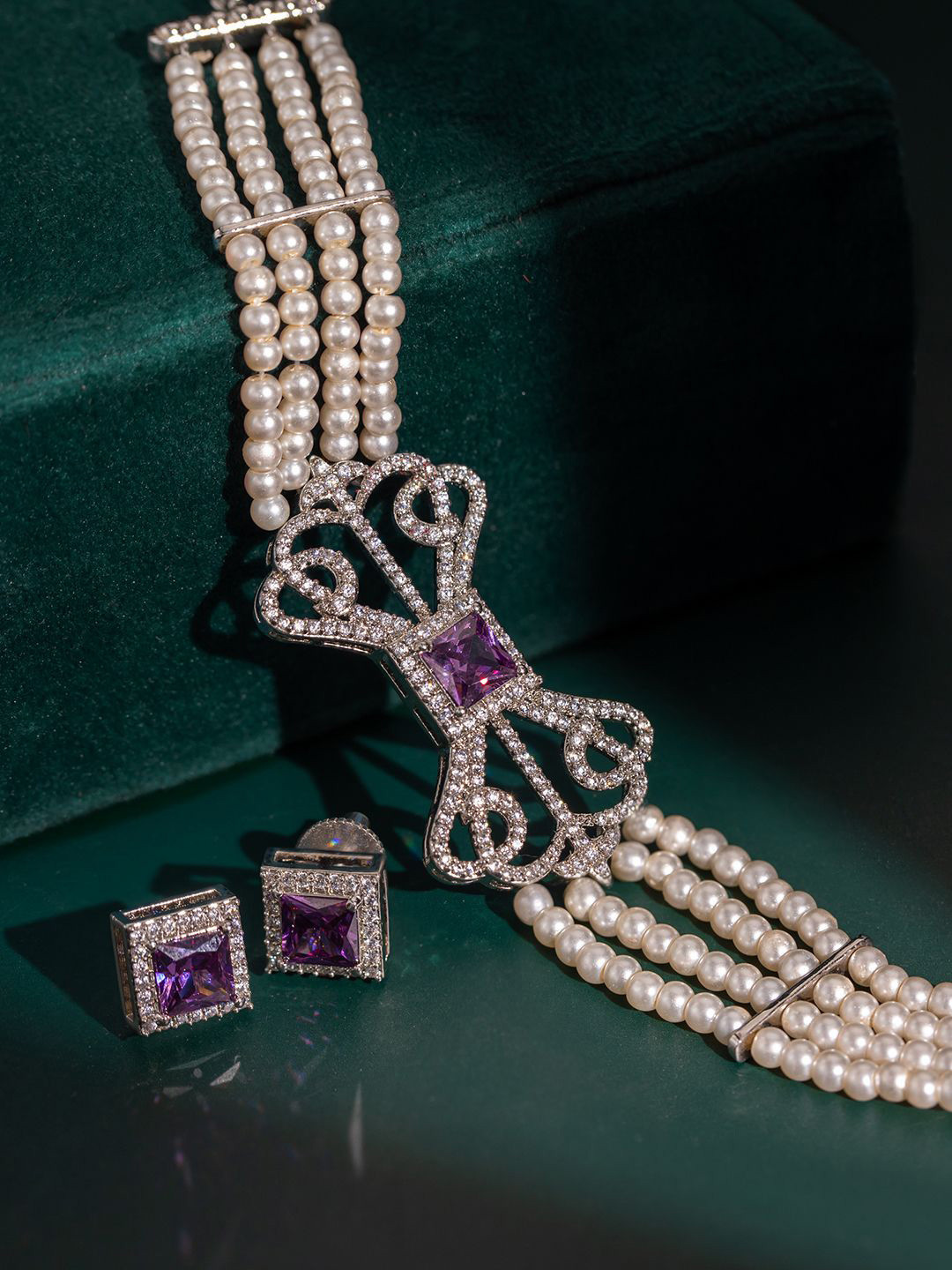 Voylla Rhodium-Plated Halo Essence Bow Choker Necklace & Earrings Jewellery Set