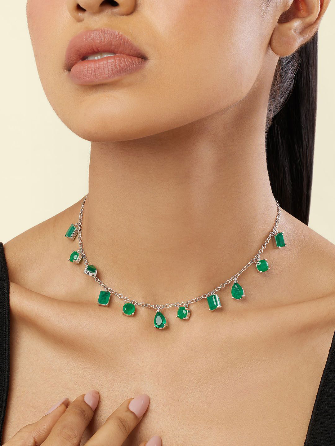 Isharya Rhodium-Plated Eterna Emerald Charm Choker Necklace
