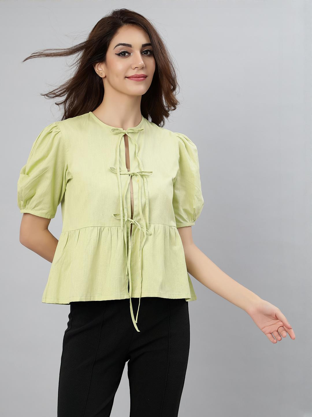 HERE&NOW Women Green Tie-Up Neck Puff Sleeve Cotton Peplum Top