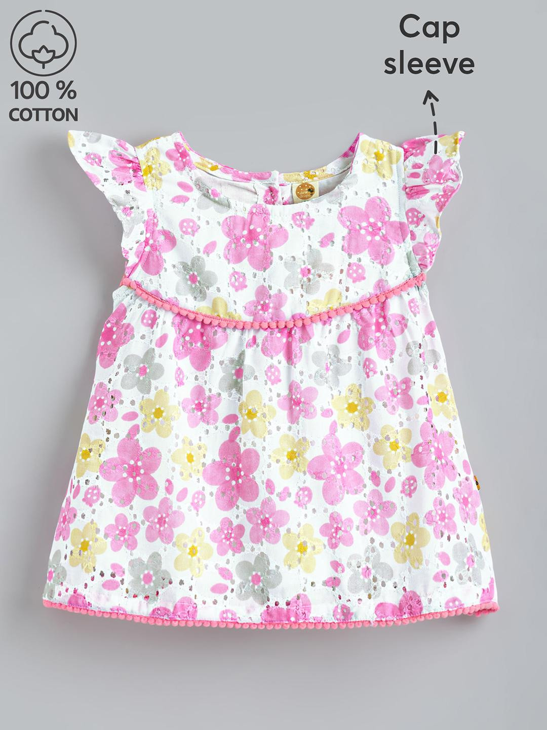 Hopscotch Girls Floral Print Flutter Sleeves Cotton Fit & Flare Dress
