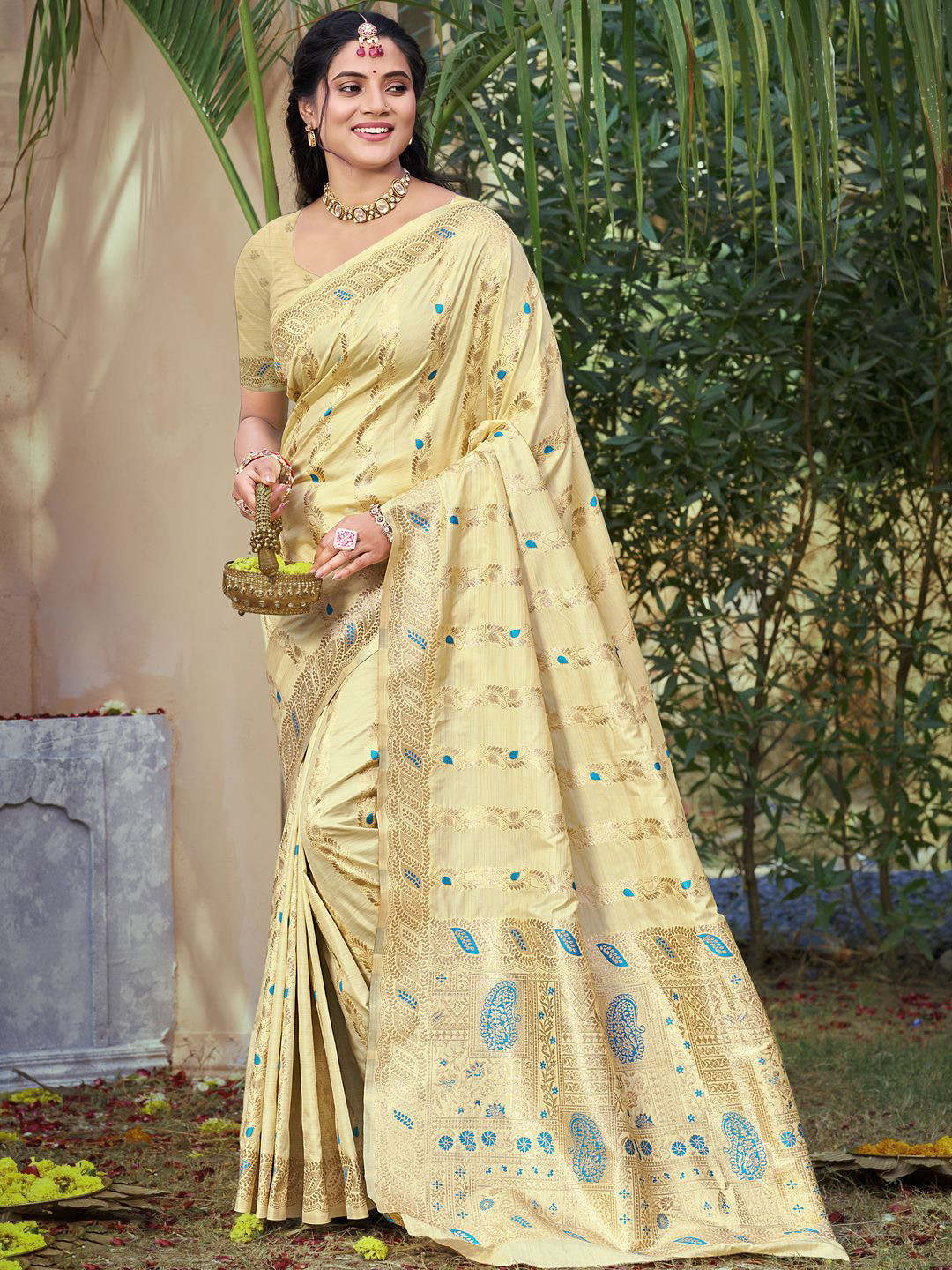 DEVATITHI Ethnic Motifs Woven Design Zari Beige Silk Saree