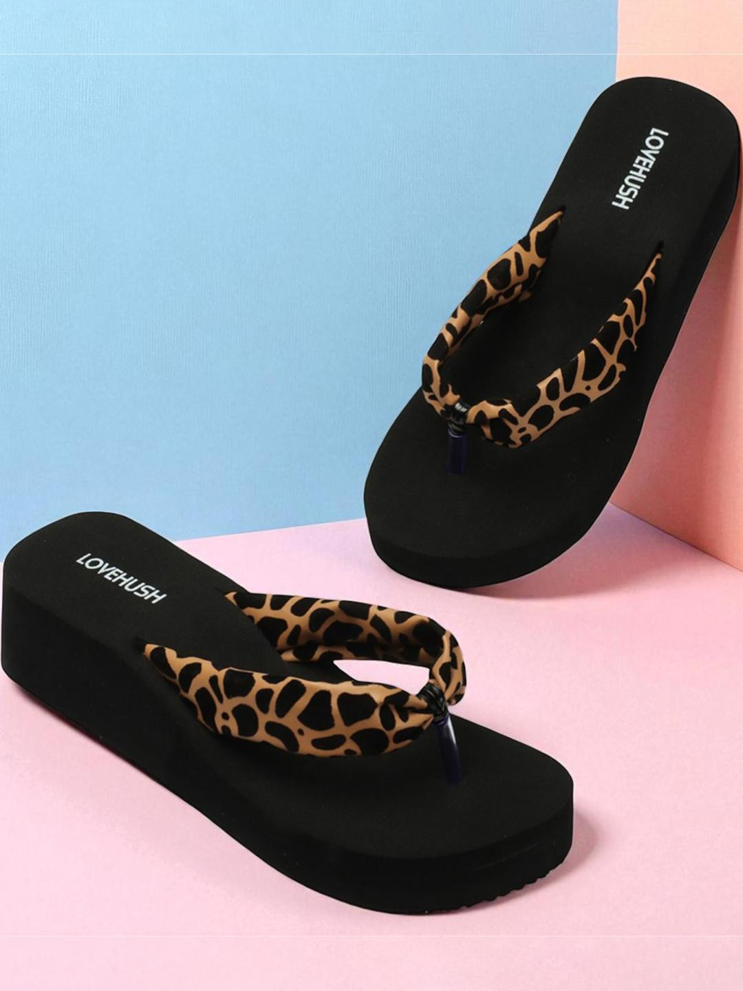 LOVEHUSH Women Black & Beige Leopard Printed Open Toe Canvas Wedges