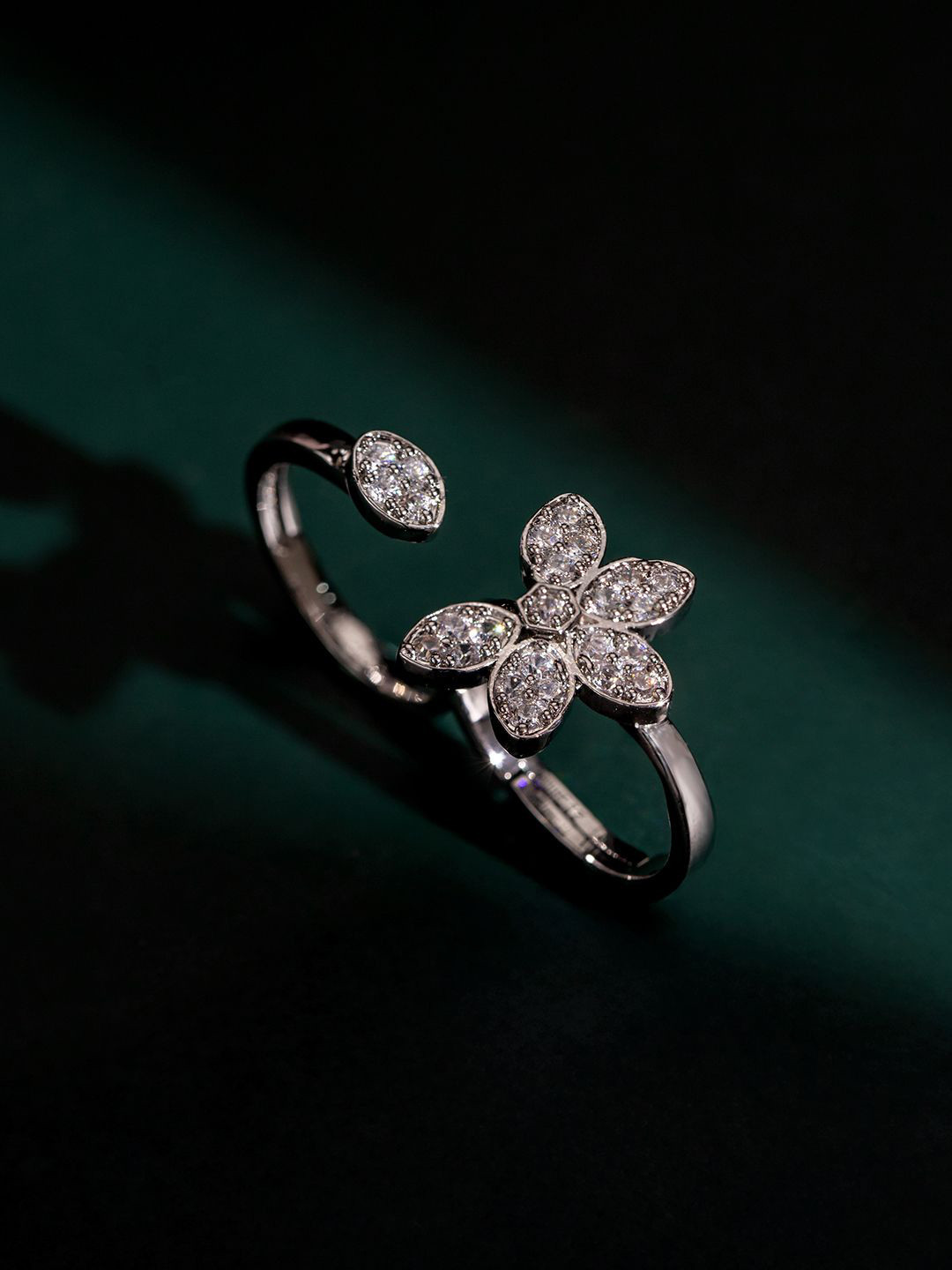 Voylla Halo Essence Rhodium-Plated Cubic Zirconia Stone Studded Finger Ring