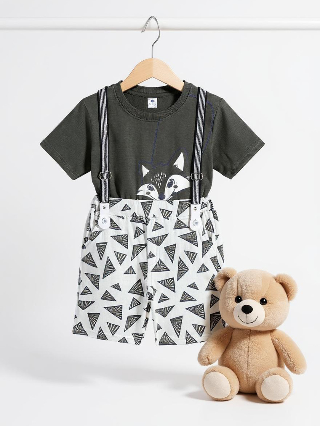 Kidszi Infant Boys Printed Pure Cotton T-shirt With Shorts & Suspenders