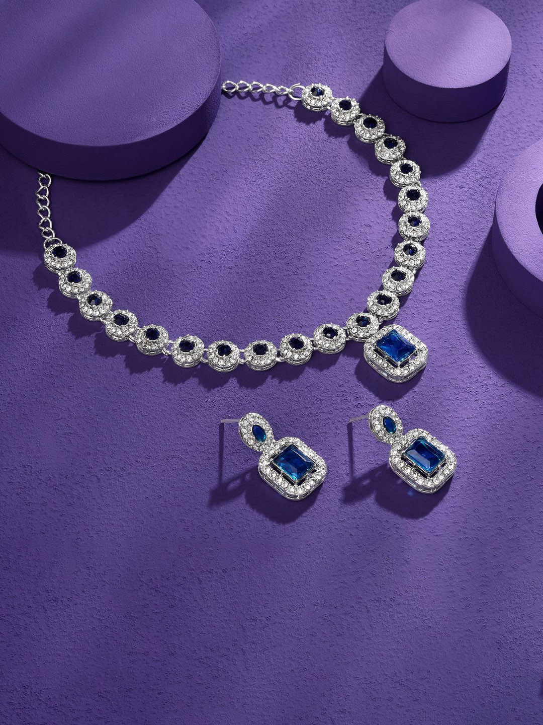Atasi International Sliver Plated Crystals & Sapphire Studded Necklace and Earrings
