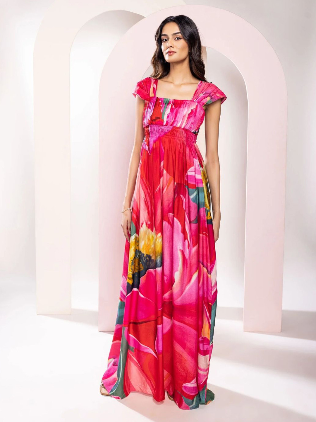 POPPI Caspia Women Floral Printed Square Neck Cap Sleeves Maxi Dress