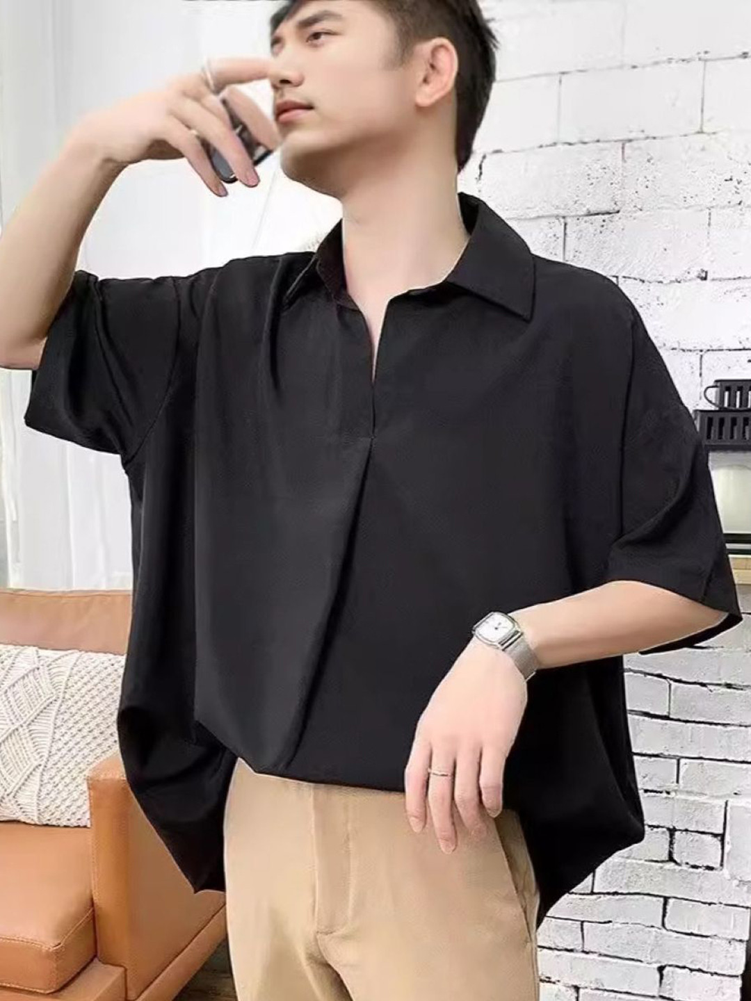 Oversized Polo Collar Drop Shoulder Sleeves Pure Cotton T-shirt