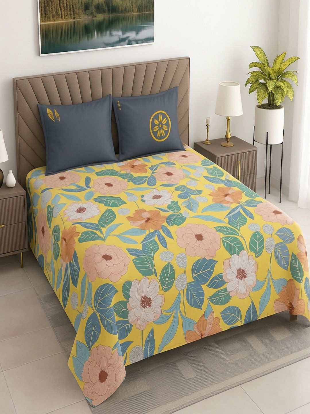 Threadwear Yellow & Green Printed 400 TC Cotton Double King Bedsheet Set 2.75 m x 2.50 m