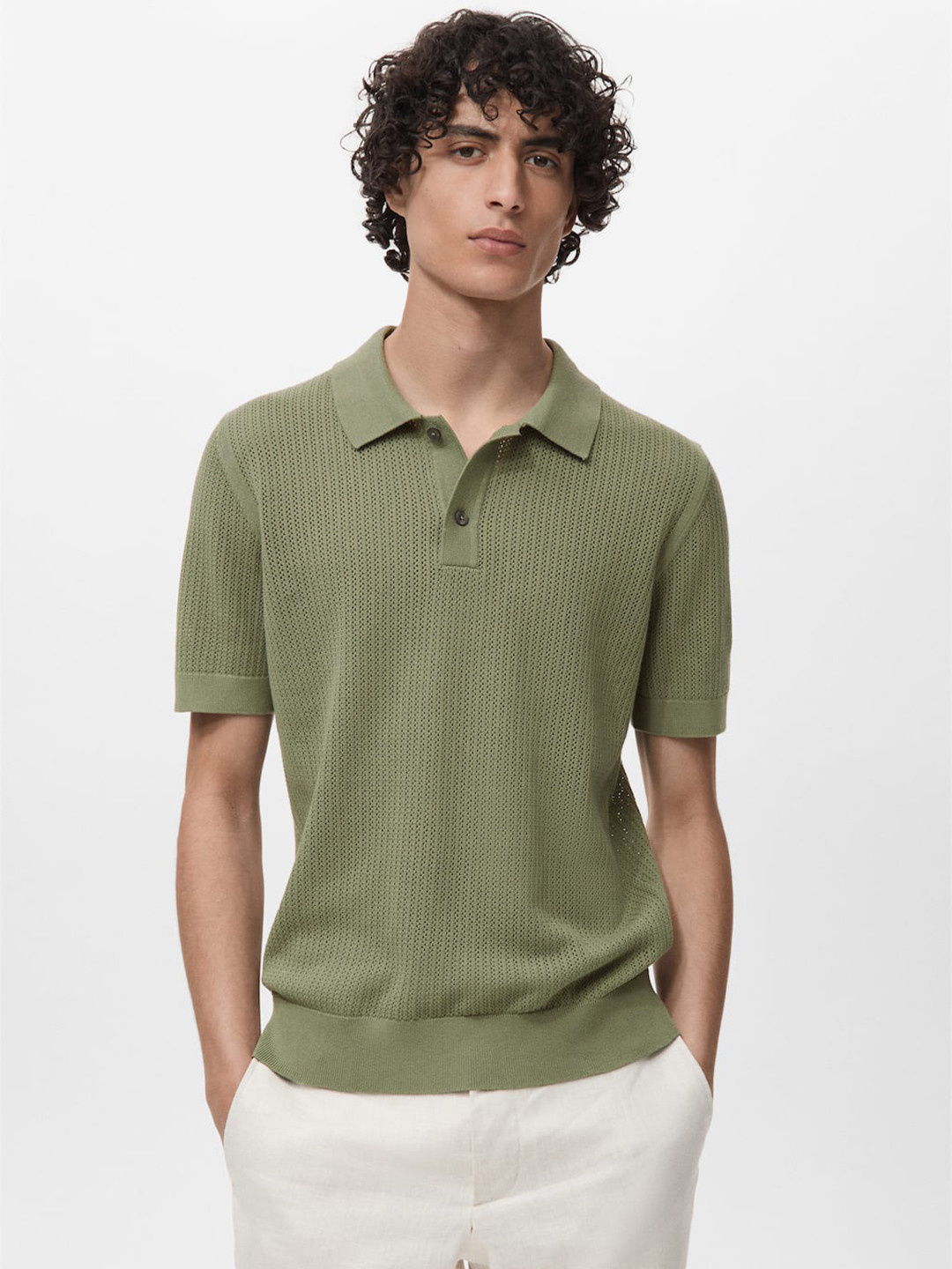 MANGO MAN Vertically Self-Striped Pure Cotton Polo Collar T-shirt with Open Knits