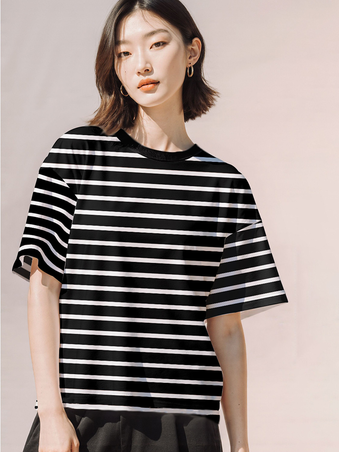 TOGS & TERRE Women Striped Round Neck Cotton Oversized Cotton T-shirt