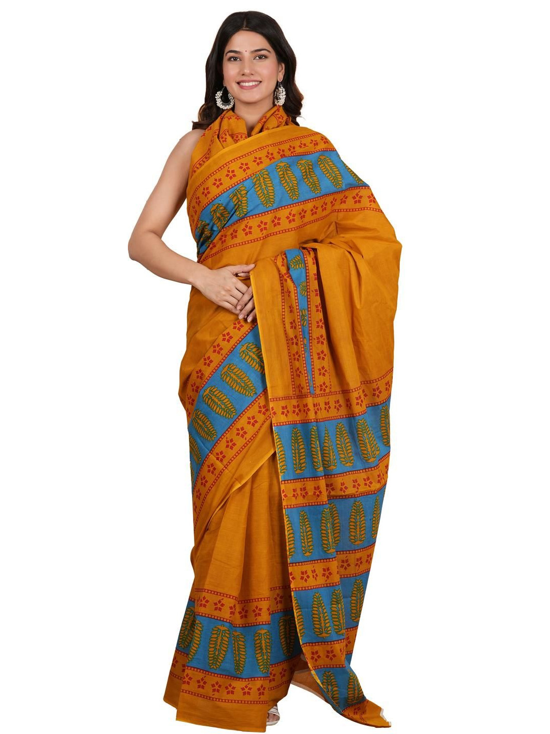 Pinkcity Trade World Mustard Pure Cotton Printed Sarees