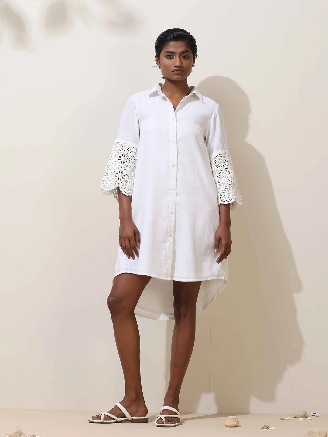 trueBrowns Women Neroli White Crochet Natural Cotton Short Dress