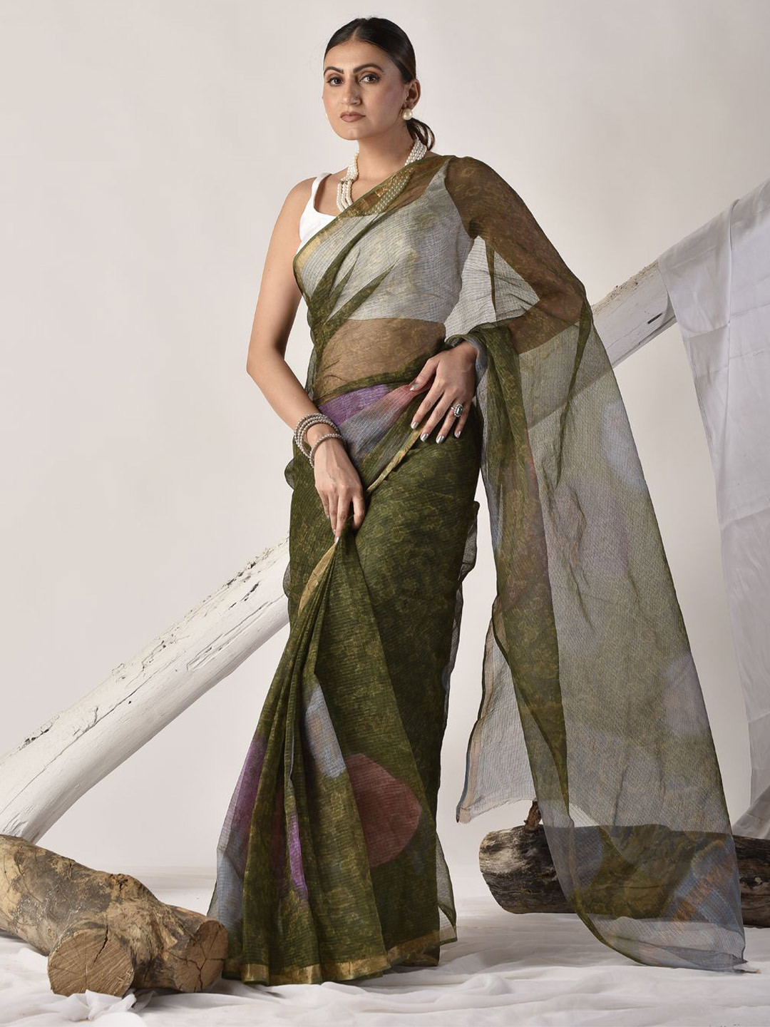 sutra attire Forest Green Block Printed Pure Kota Doria Saree