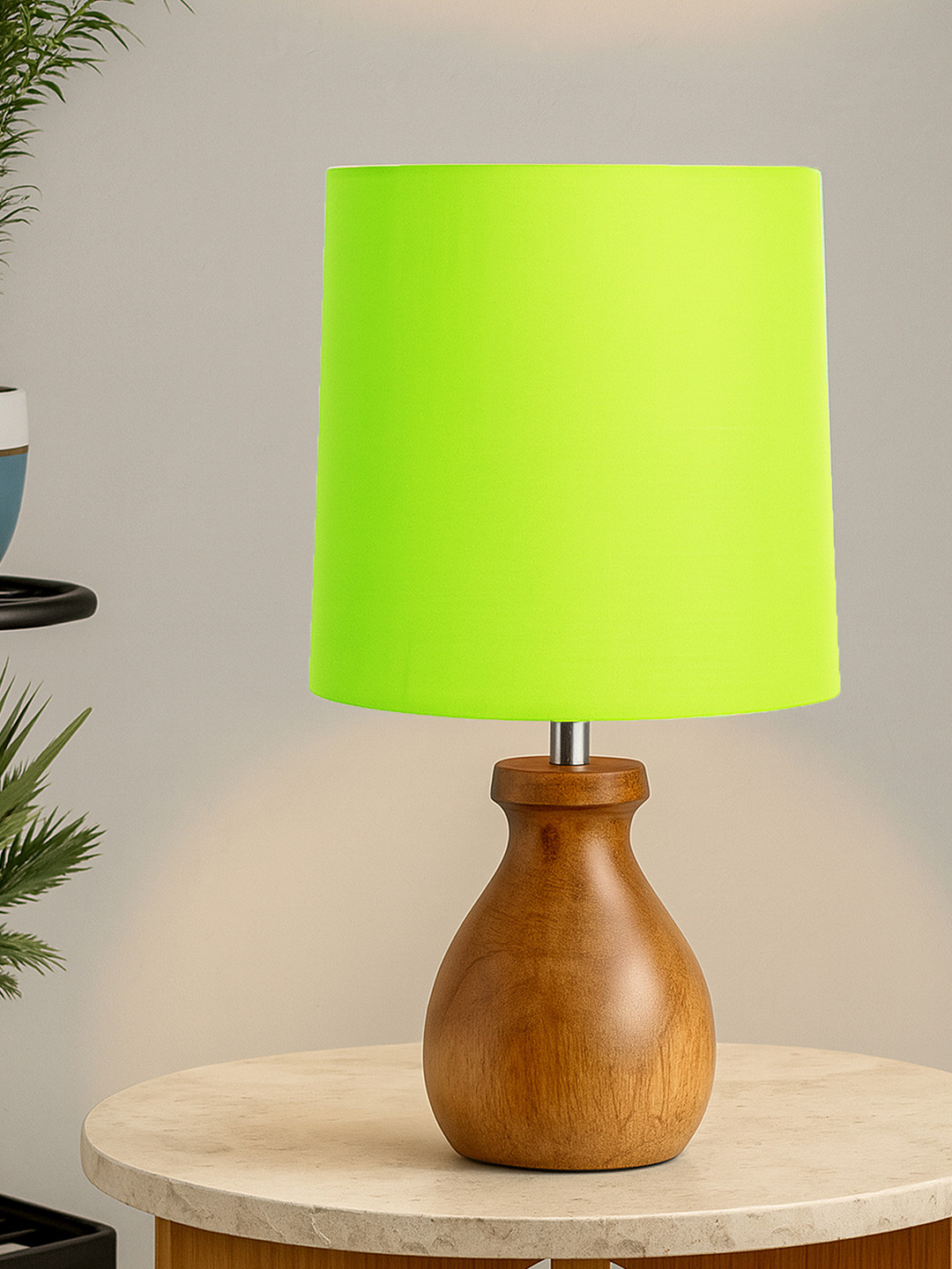 Homesake Brown & Green Textured Wooden Cylindrical Shaped Vintage Table Lamp with Bulb