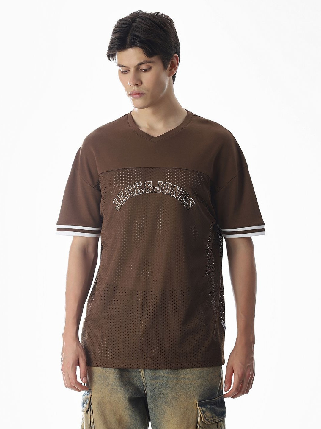 Jack & Jones Typography Printed Drop-Shoulder Sleeves Oversized Pure Cotton T-shirt