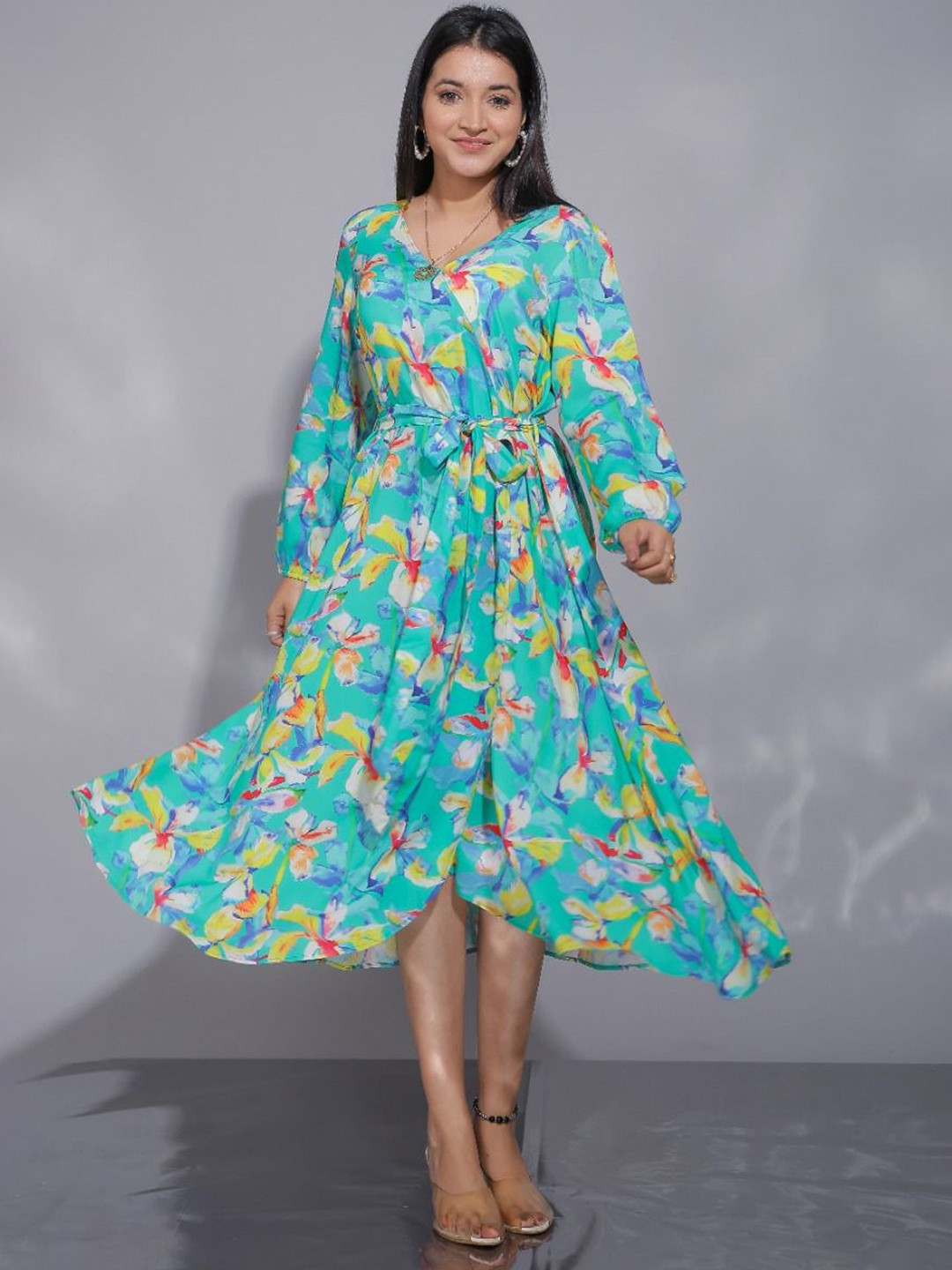 AUTUMN LANE Women Floral Printed Puff Sleeves Wrap Midi Dress