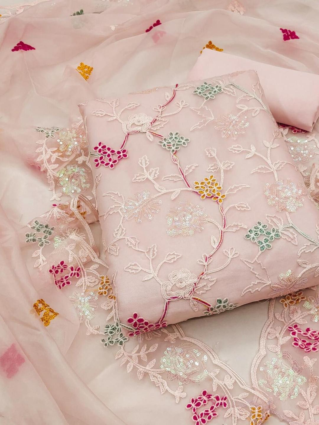 KALINI Women Peach Embroidered Floral Dress Material