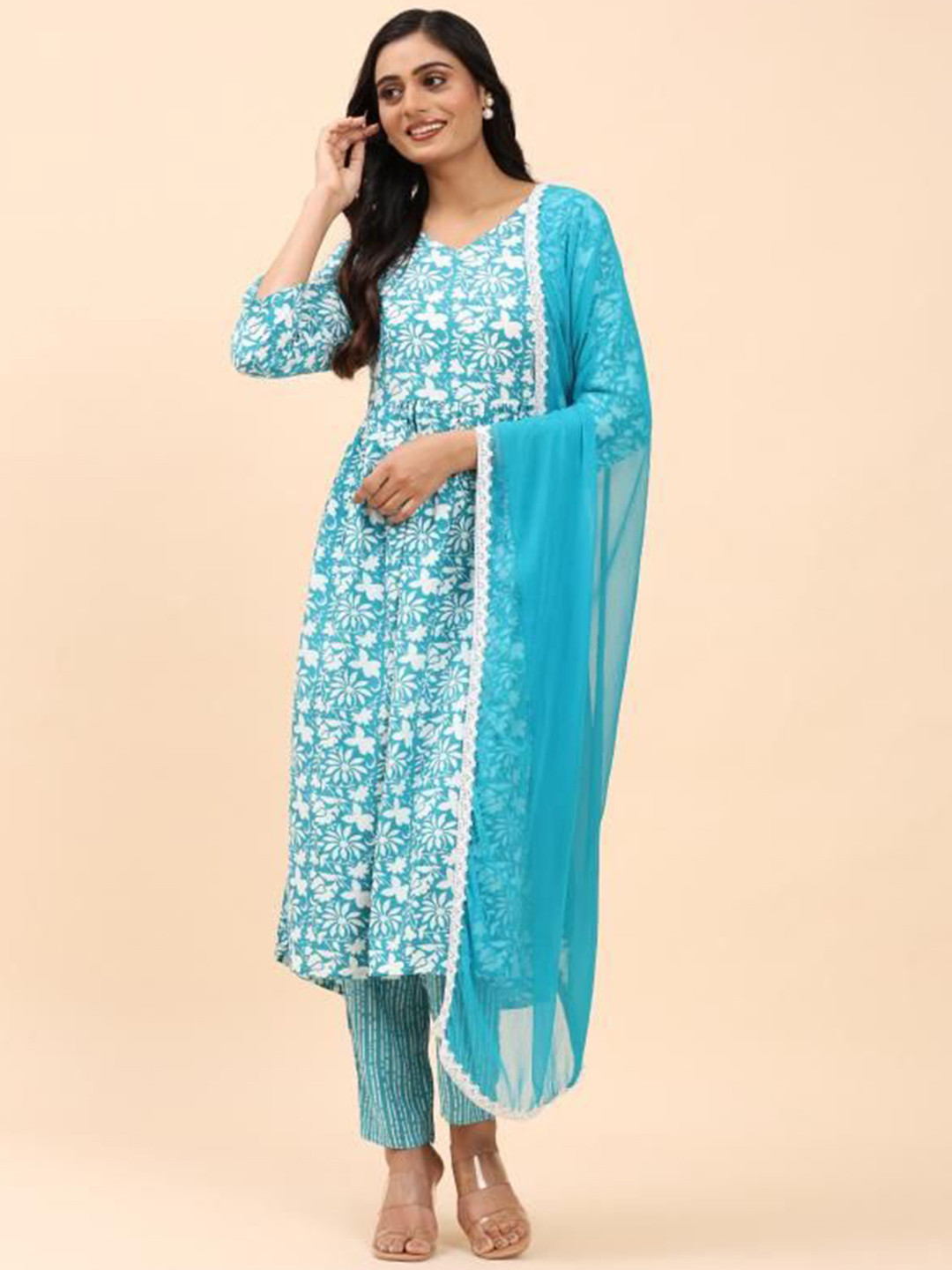 JAIMITI Women Floral Printed Cotton A-Line Kurta with Trousers & Dupatta
