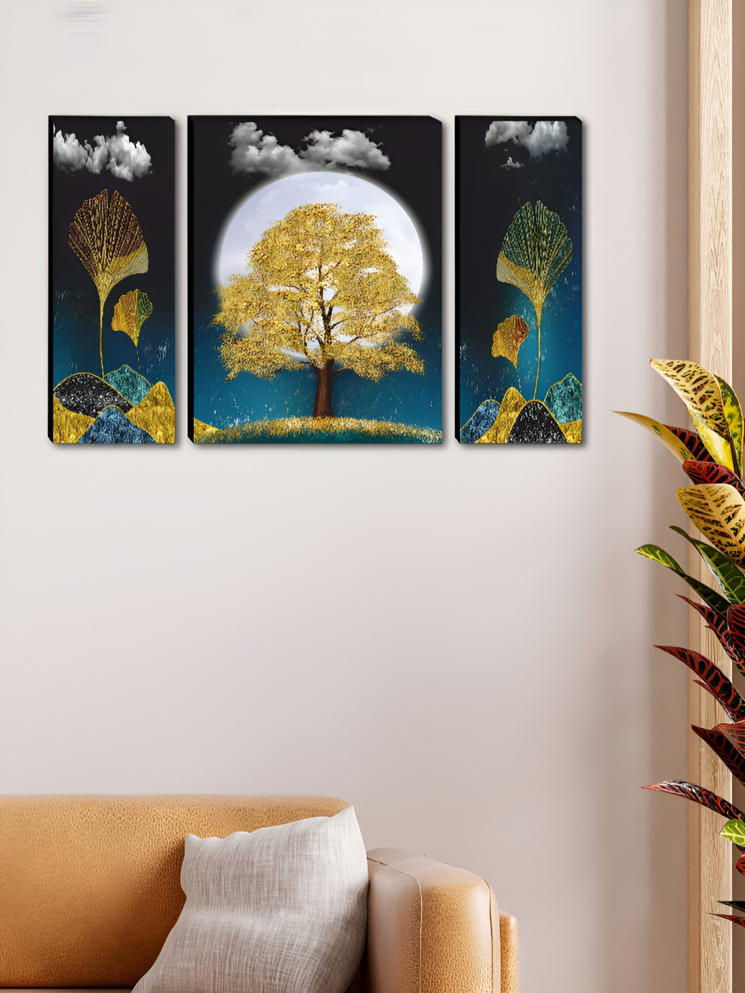 SAF Gold Toned & White 3 Pieces Tree & Moonlight Printed Wooden Wall Arts
