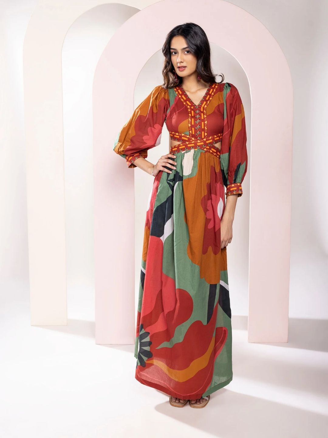POPPI Autumn Printed Cut-Out Maxi Dress