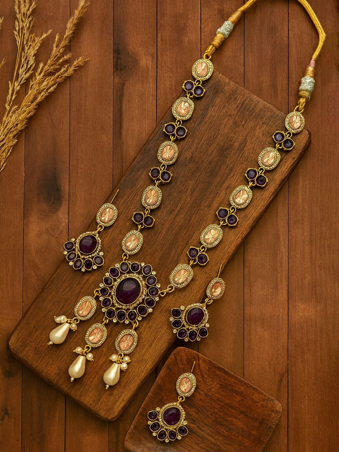 TJC Gold Plated American Diamond Studded & Pearls Beaded Jewellery Set