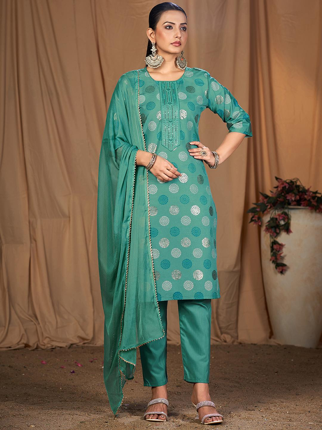 CLAVINET Women Cotton Blend Printed Regular Kurti with Trousers & With Dupatta