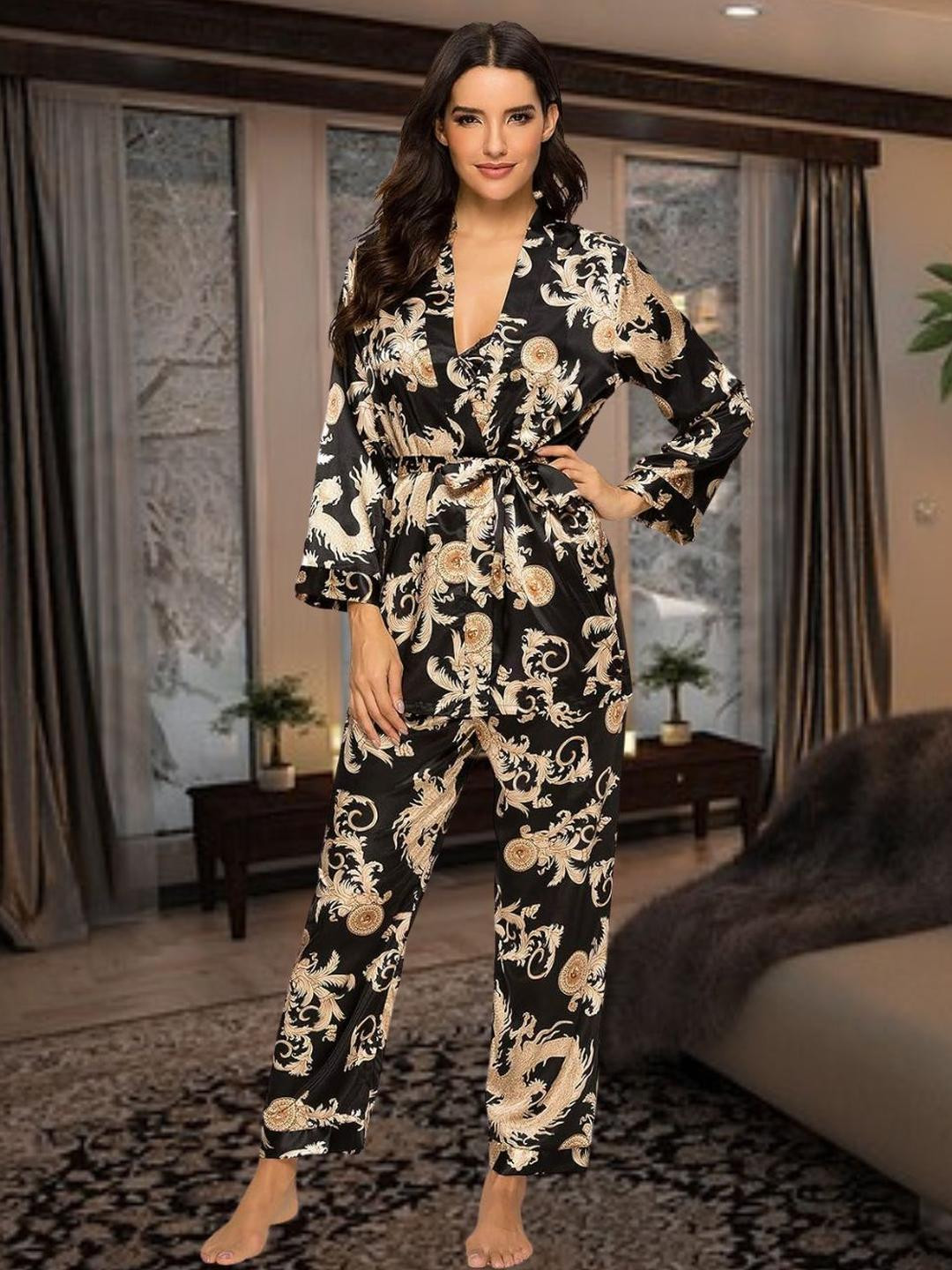 For You For Me Pack of 3 Women Satin Printed Night suit