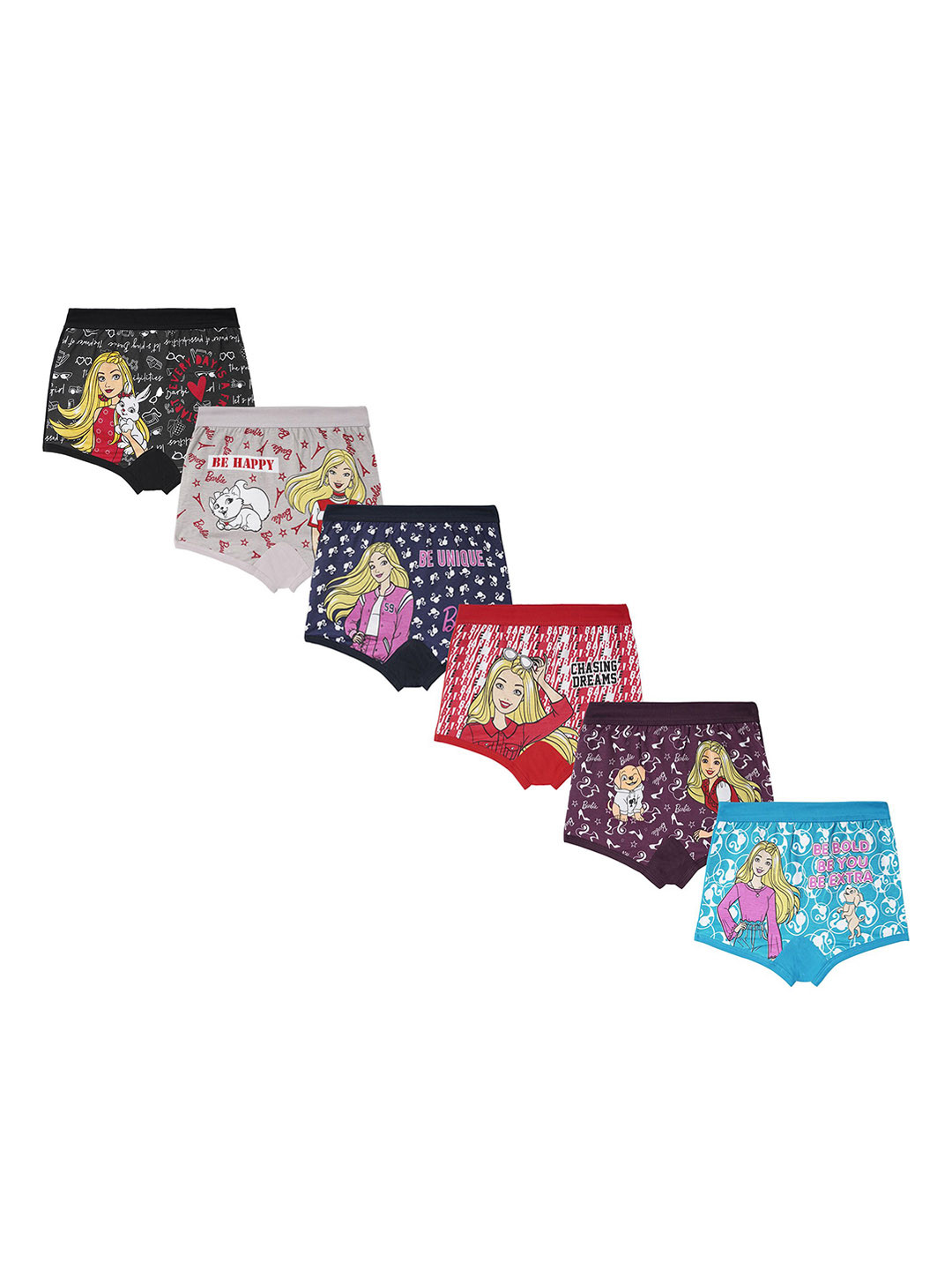 Red Rose Girls Pack Of 6 Barbie Printed Cotton High-Rise Basic Briefs