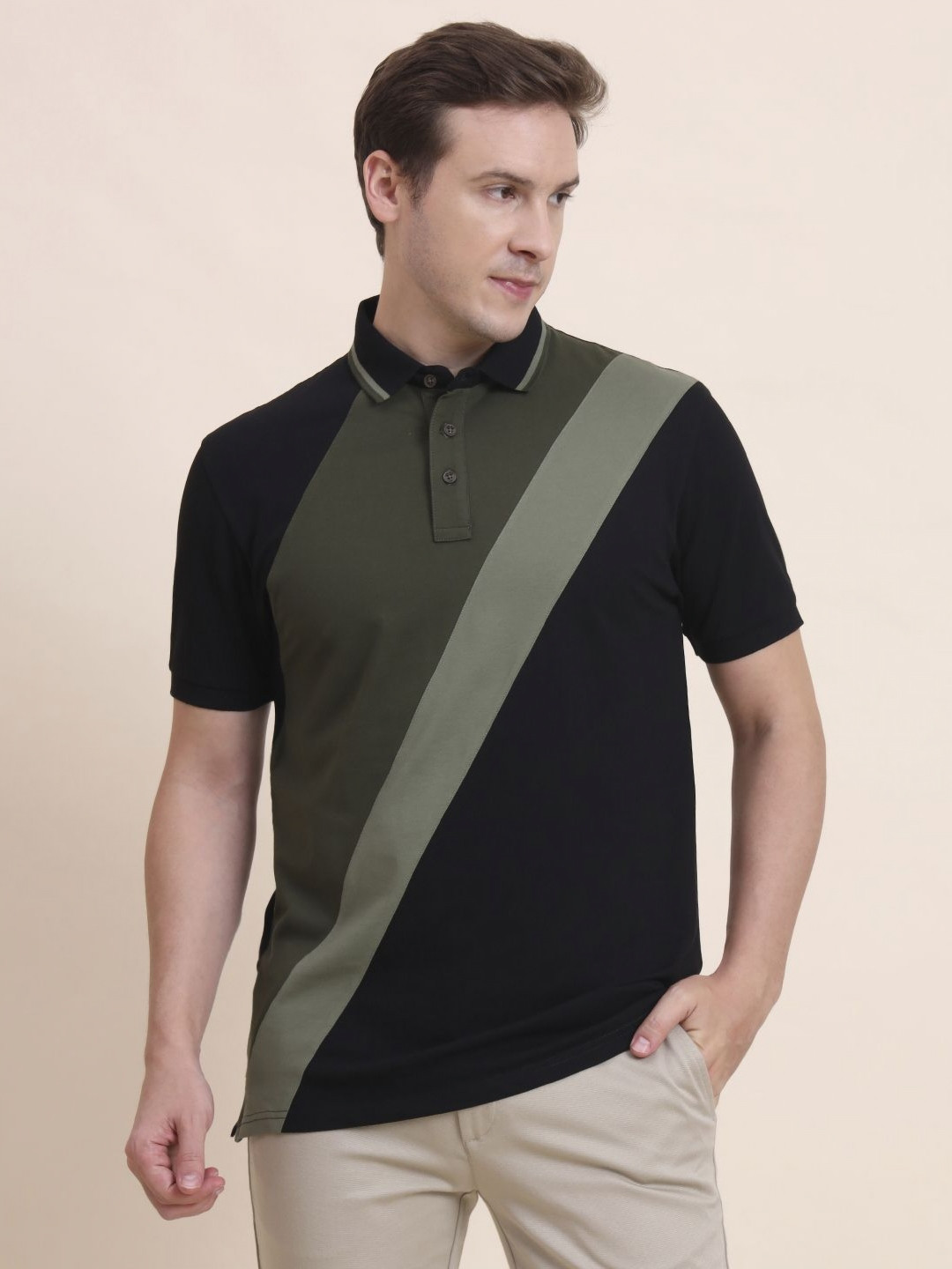 JADE BLUE Colourblocked Polo Collar Slim Fit Cotton T-shirt