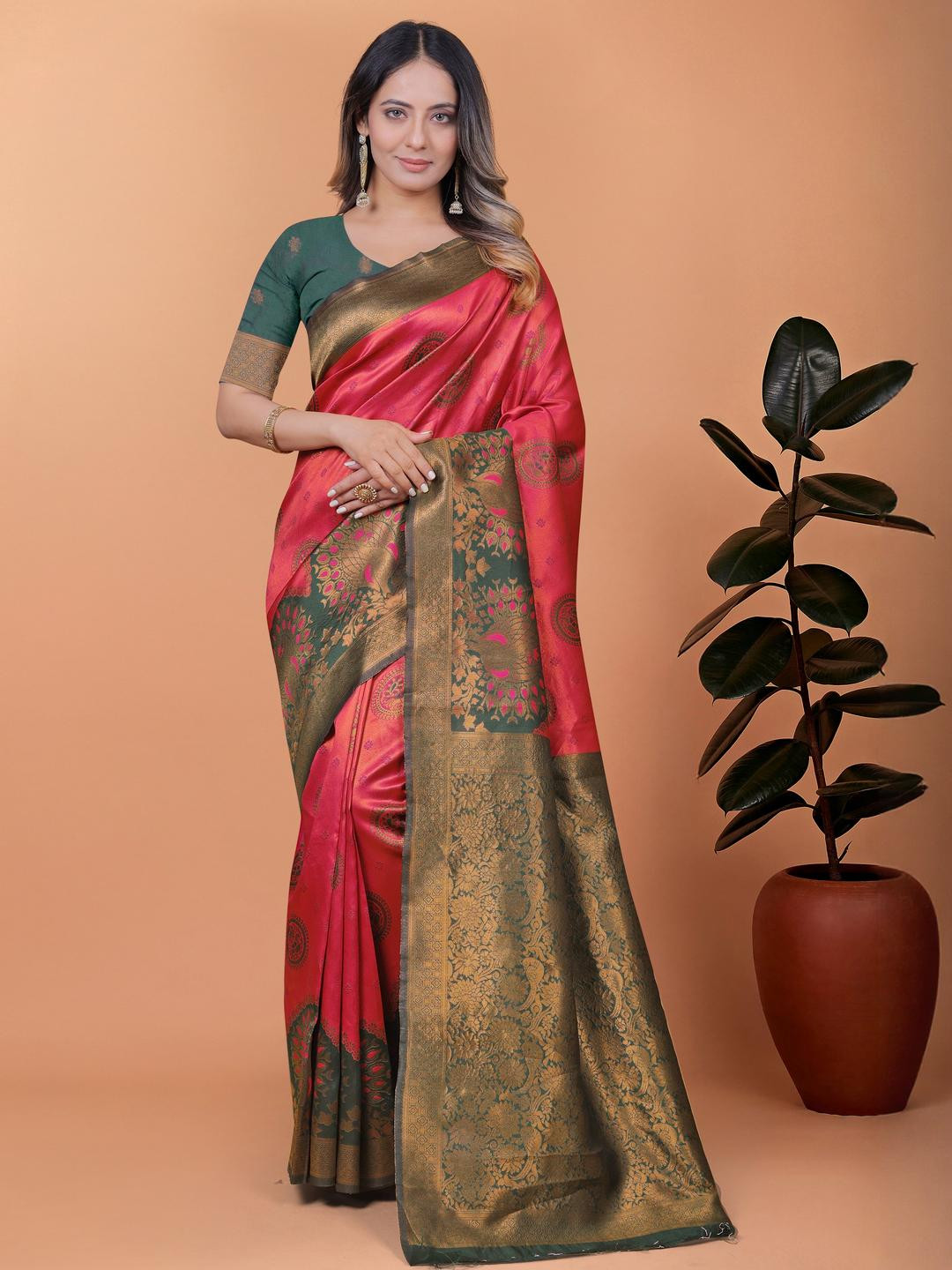 DIVASTRI Women Mehendi Ethnic Motifs Zari Silk Blend Banarasi Saree