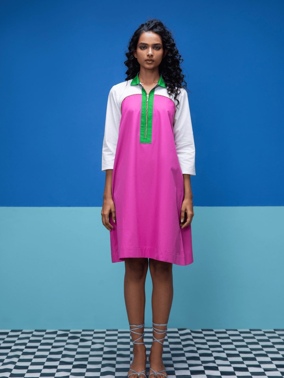 Stylefables Ecru Women Colorblocked Shirt Collar A-Line Dress