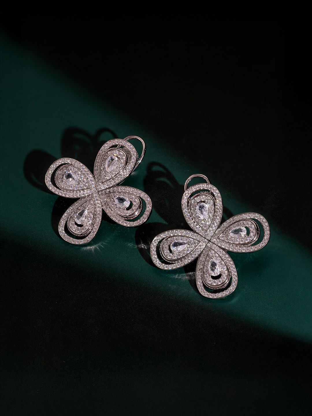 Voylla Halo Essence Rhodium-Plated American Diamond Floral Shaped Drop Earrings