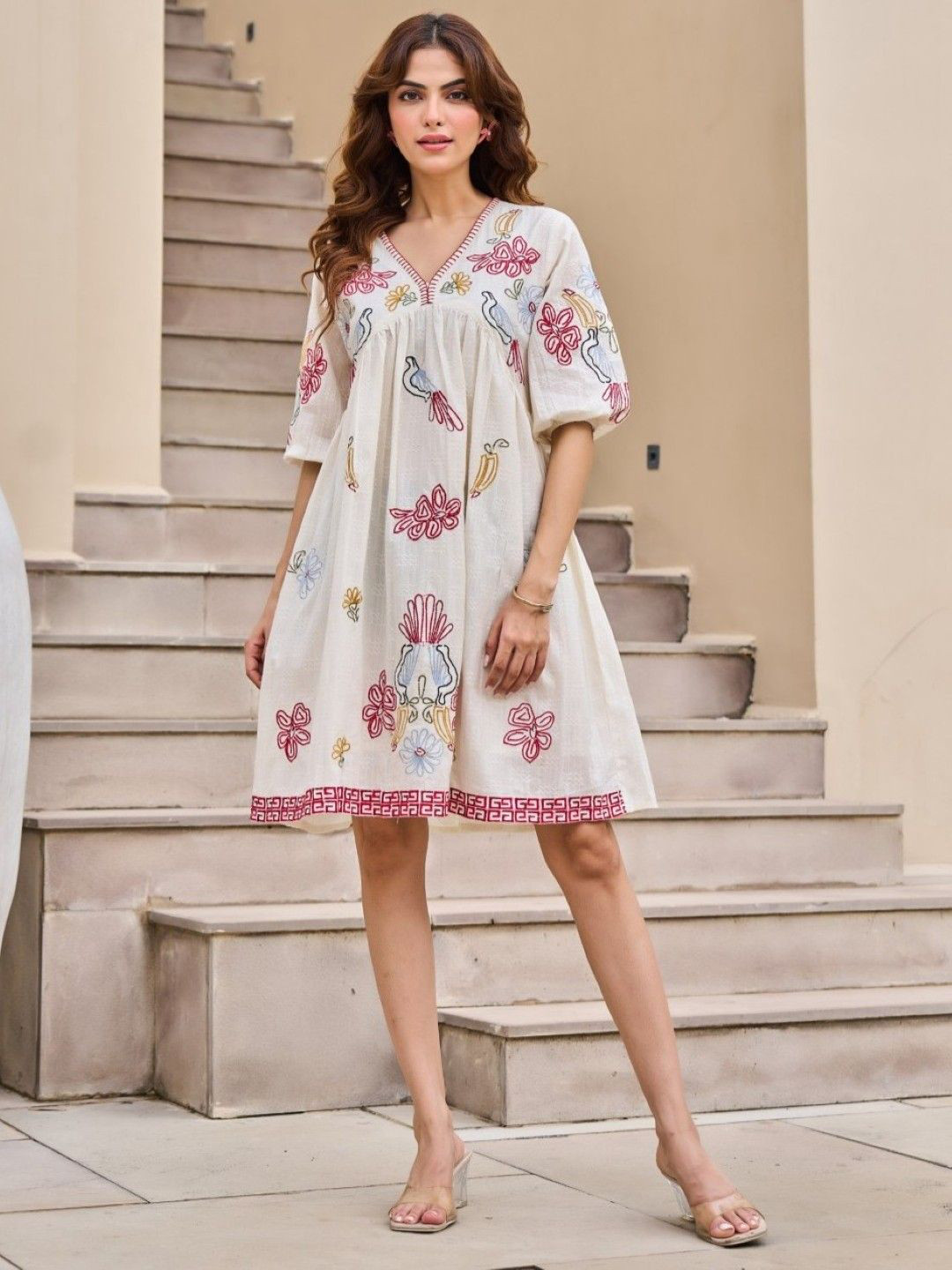 AUTUMN LANE Tiara Daisy Embroidered Cotton Empire Dress