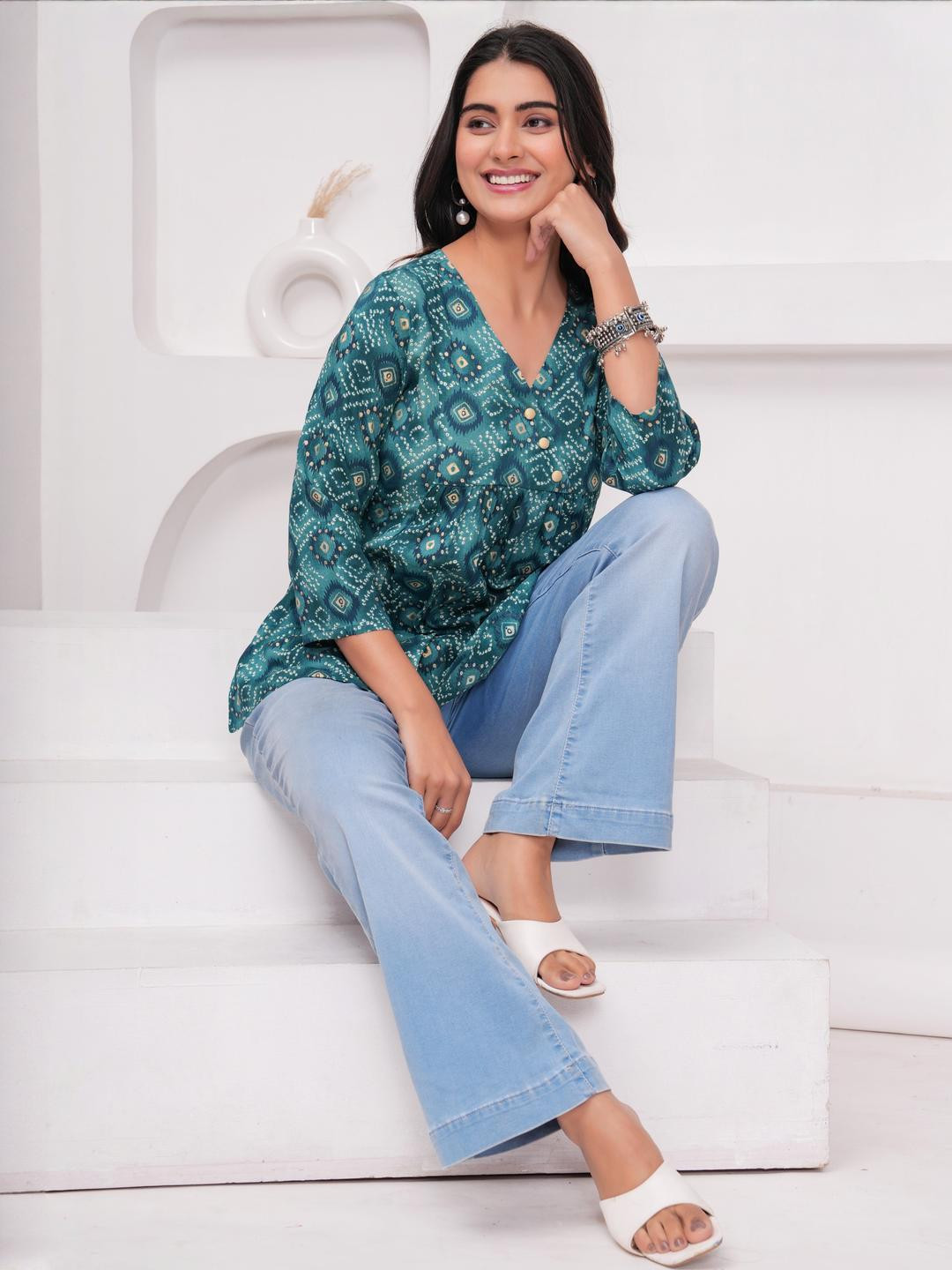 Khalish Women Rama Blue Printed Tops & Tunic