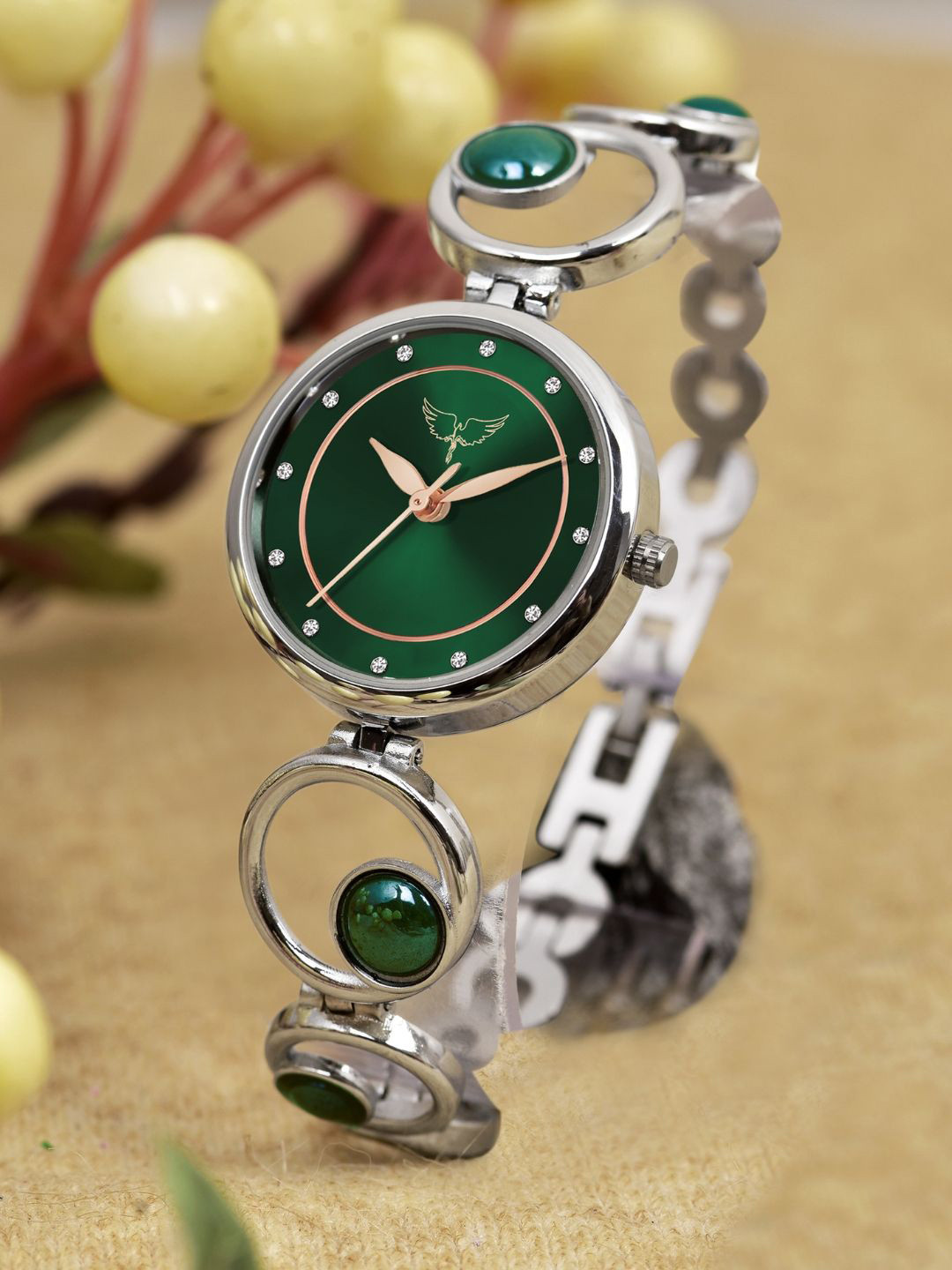 WHITE BIRD Women Embellished Dial Floating Pearl Analogue Watch 6025 Silver D Green