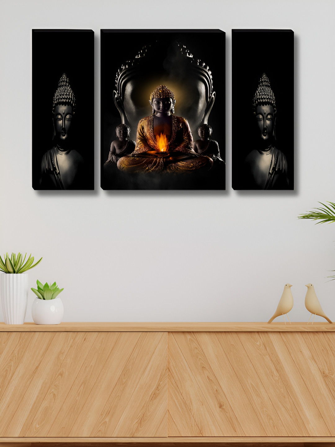 SAF Black 3 Pieces Glowing Buddha Meditation Wall Arts