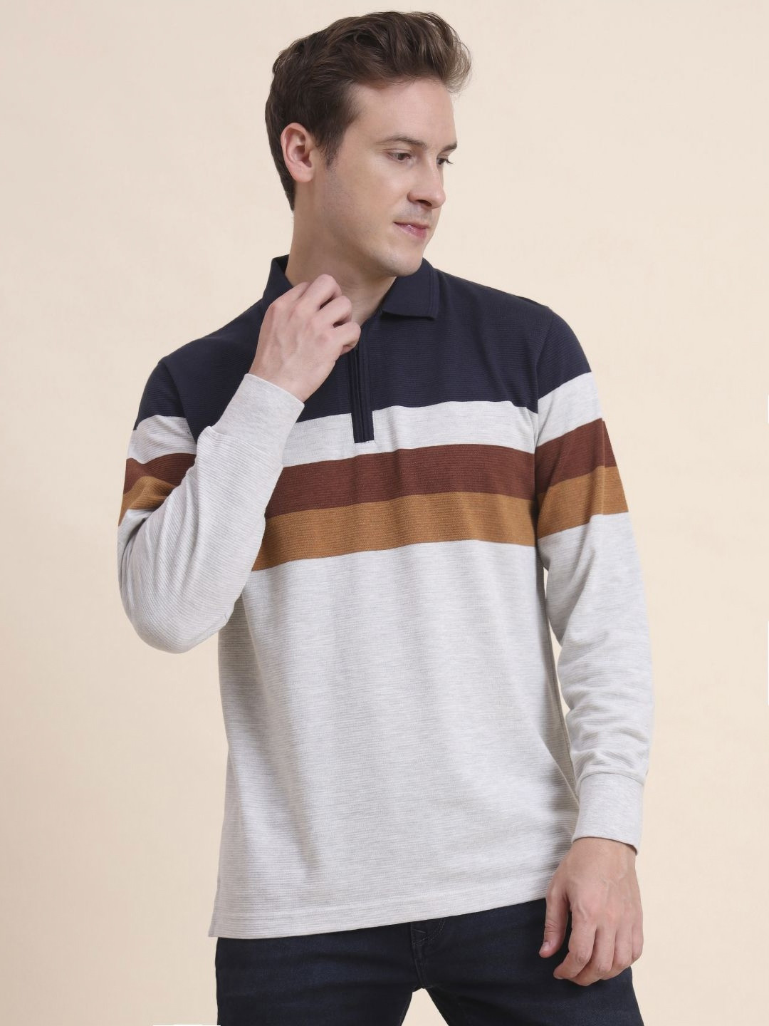 JADE BLUE Striped Polo Collar Long Sleeves T-shirt