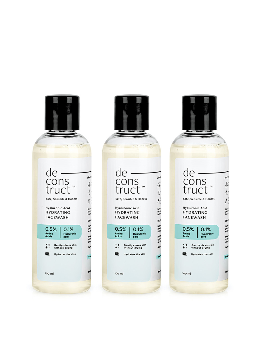 deconstruct 3Pcs Hydrating Face Wash- 0.5% Amino Acids + 0.1% Hyaluronic Acid - 100ml each