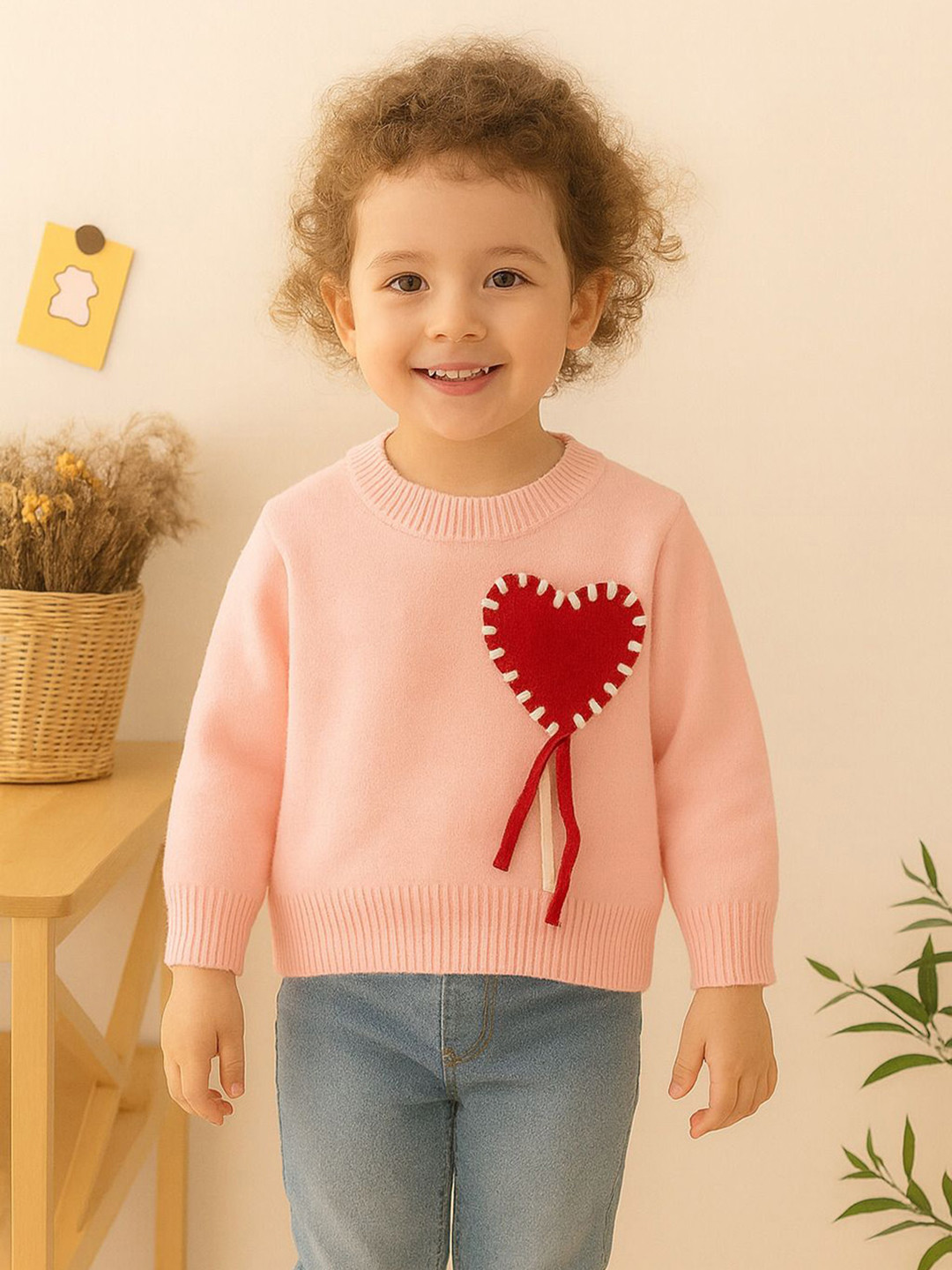 NEUDIS Kids Pink Heart Pattern Knit Sweater, Crew Neck, Long Sleeve