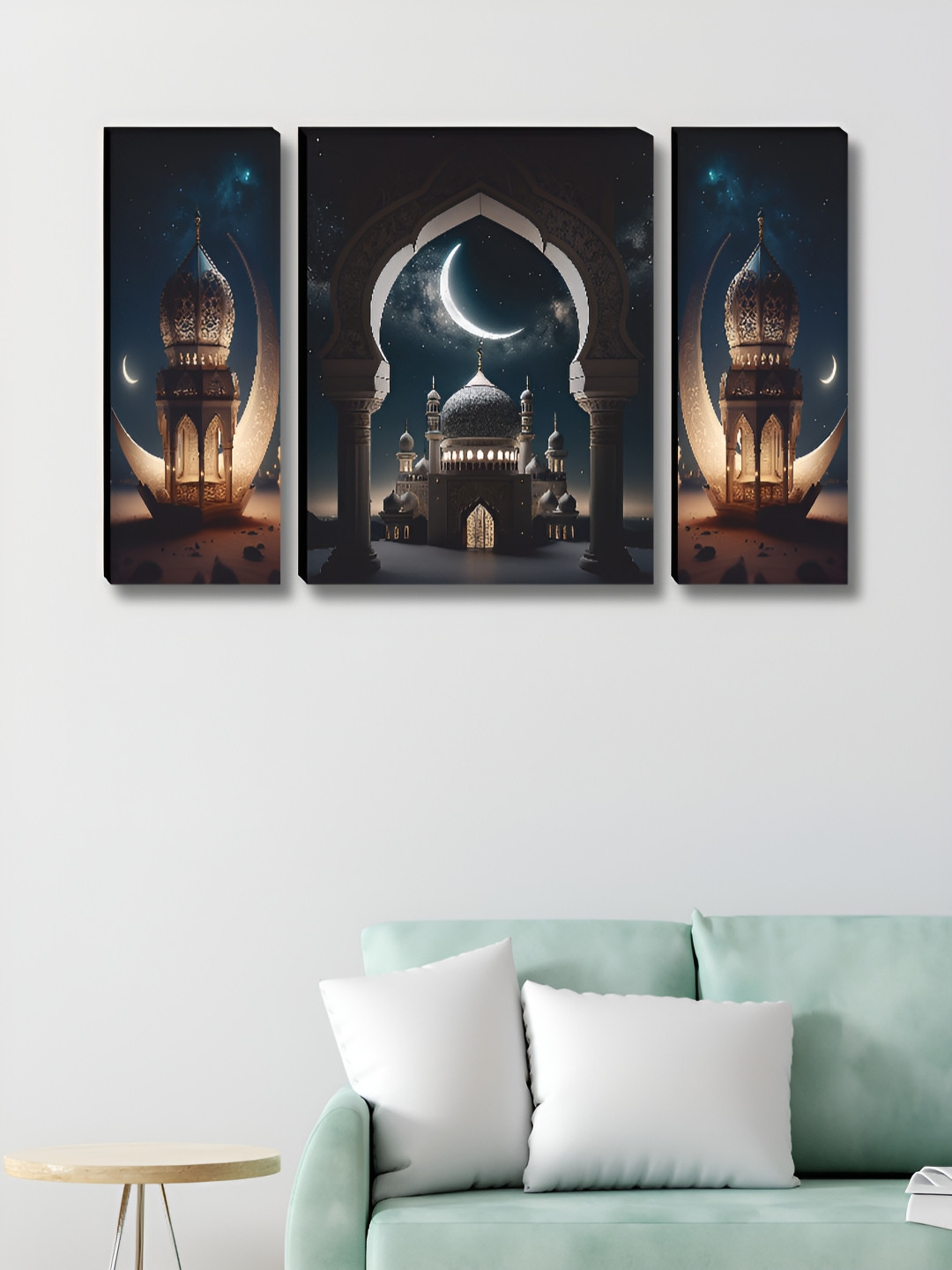 SAF Blue & White 3 Pieces Islamic Mosque & Crescent Moon Printed Wooden Wall Arts