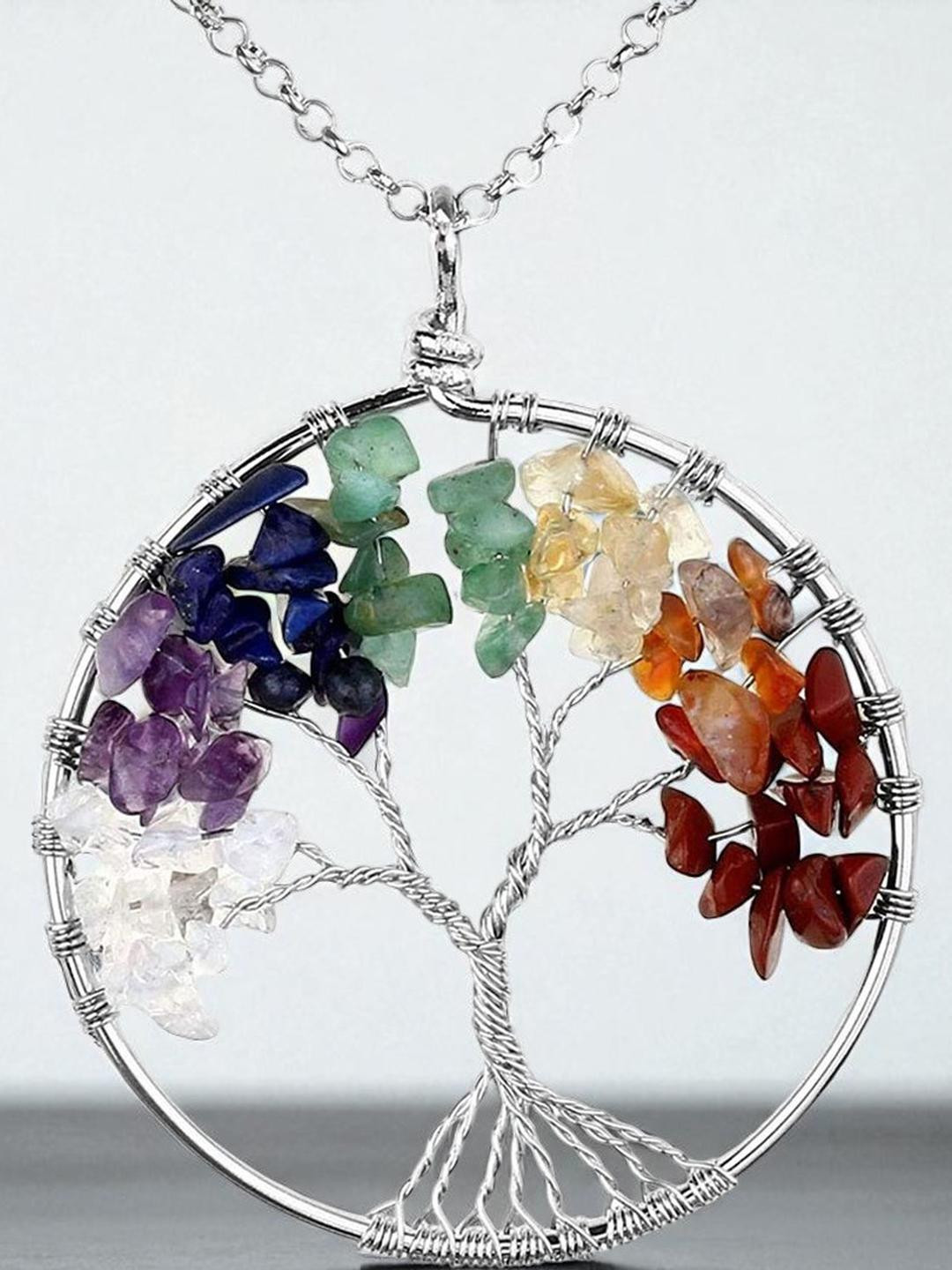 DressBerry Women Multi Circular Harmony Tree 7 Chakra Handcrafted Pendants with Chains